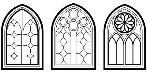 Three gothic arch windows with detailed stained glass patterns in black and white, vector illustration showcasing medieval architectural style, intricate decorative motifs, and ornate design elements,