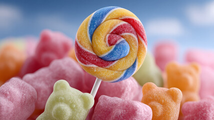 Colorful lollipop among gummy bear candies with sky background.