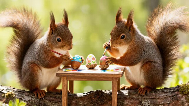 two red squirrels sitting on a tree branch, painting tiny decorated Easter eggs (made from acorns or nuts) with paintbrushes at a miniature table, conveying a charming, imaginative springtime scene