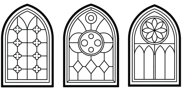 Three gothic arch windows with detailed stained glass patterns in black and white, vector illustration capturing medieval architectural style, ornate design elements, and intricate decorative motifs, 
