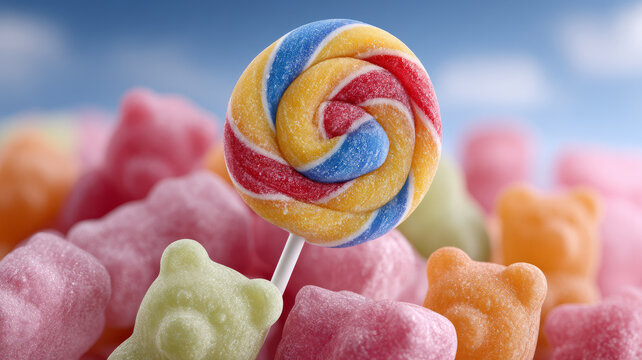 Colorful lollipop among gummy bear candies with sky background.