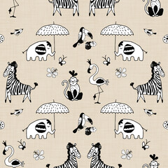 Hand drawn cute animals tropical seamless pattern background
