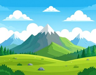 Cartoonish scenic landscape with snowy mountain peaks, lush green fields, and a bright blue cloudy sky