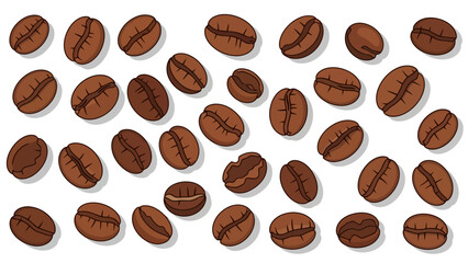 A collection of brown coffee beans scattered on a white background