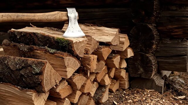 Axe rests on stack of chopped firewood near cabin corner.