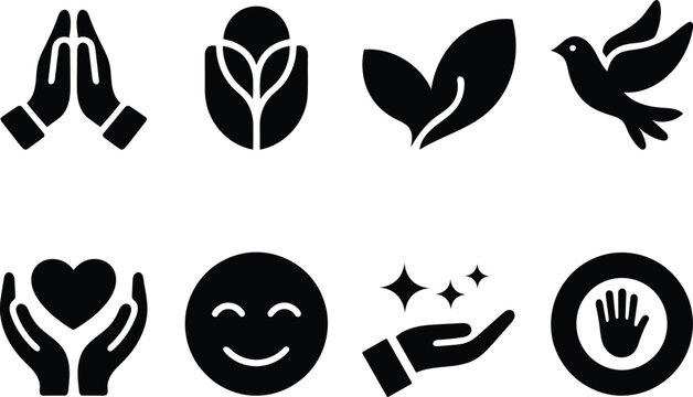 Collection of minimalist icons representing spirituality nature wellbeing and positive emotions