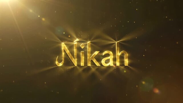 Nikah golden text animation with sparkling light rays, Islamic wedding ceremony title on black background, elegant gold particles motion