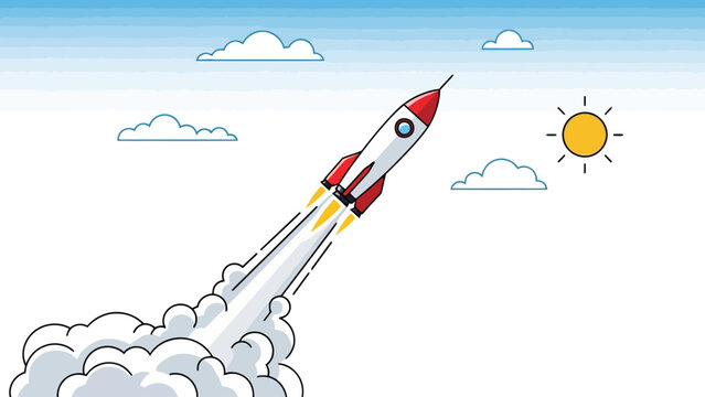 A rocket blasting off into a sky with clouds and a sun