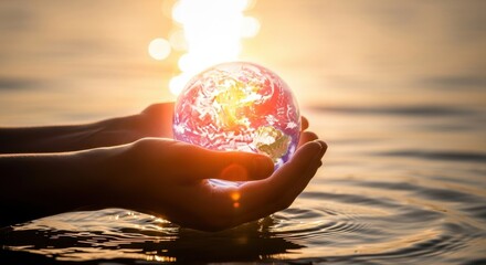 Hands holding glowing earth globe over water