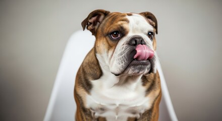 Fototapeta premium Adorable bulldog licks nose with pink tongue close-up