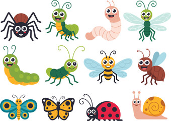 Cartoon insects and small creatures with cheerful expressions, perfect for children’s education, playful design, or nature-themed content