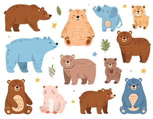 Fototapeta premium Cartoonish set of various teddy bears and a blue elephant; isolated on white with leaves and star accents