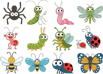 Cartoon insects and small creatures with smiling faces in grid layout, ideal for children’s education, games, or playful design