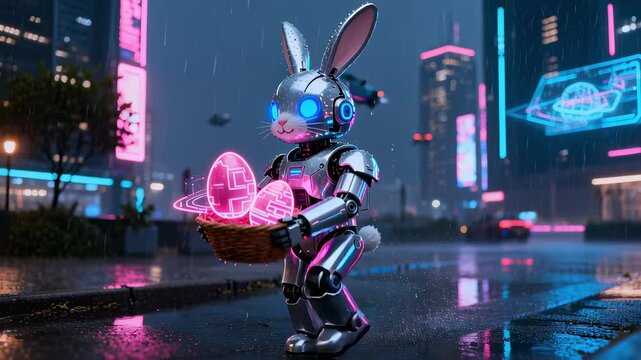  Futuristic wide shot of a chrome robot in the form of an Easter bunny, carrying a basket with glowing, neon-pink Easter eggs while walking through a dark, rainy, neon-lit cyberpunk city at night