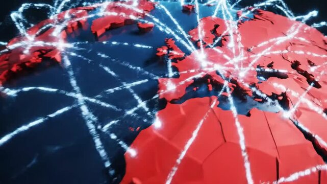 Dynamic global network connecting continents, representing international business, technology, and data flow in a modern world, bright communication lines
