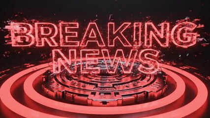Camera orbiting around a rotating 3D badge surrounded by pulsing red alert rings, “BREAKING NEWS” text forming from digital fragments, strong futuristic alarm vibe, deep shadows and glowing  - Powered by Adobe