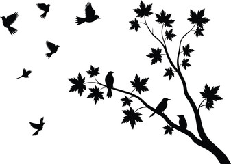 Elegant bird silhouettes on tree branches with flying birds in nature scene, minimalist black and white illustration perfect for decor and design projects