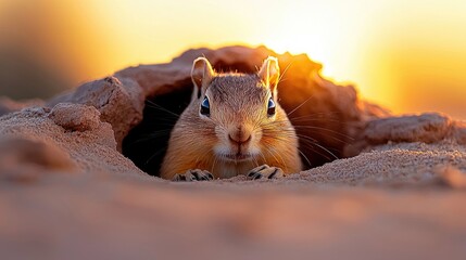 A cute chipmunk peeks out of its burrow in the sand, illuminated by the warm glow of a sunset.