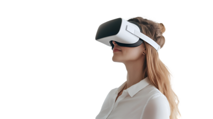 Woman Wearing VR Headset with City Night Lights Double Exposure, Metaverse Concept