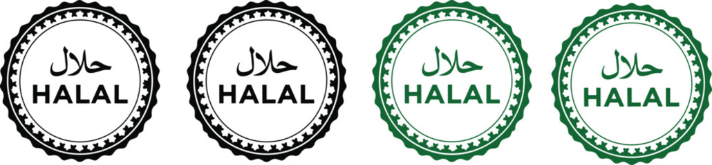 Halal certification badge set featuring Arabic text and circular stamp designs, black and green labels for food packaging, product approval, and Islamic compliance branding.