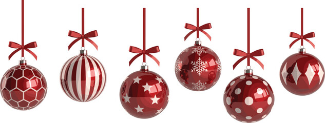 Red Christmas ornaments with unique white patterns hanging from ribbons, perfect for festive decoration, seasonal design, or holiday artwork