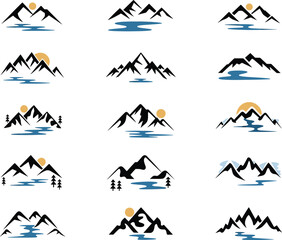 Set of minimalist mountain landscape logo designs with sun and water elements, clean outdoor adventure symbols in modern vector illustration style