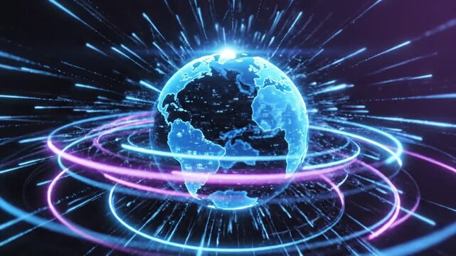 Global connections and digital innovation showcased with futuristic glowing Earth animation, ideal for technology and business presentations