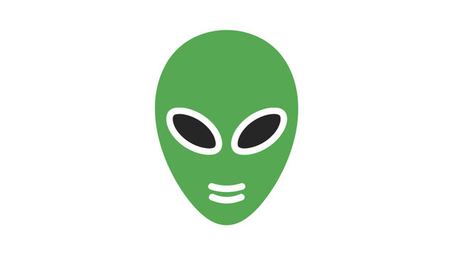 A stylized green alien head with large black eyes and a small mouth