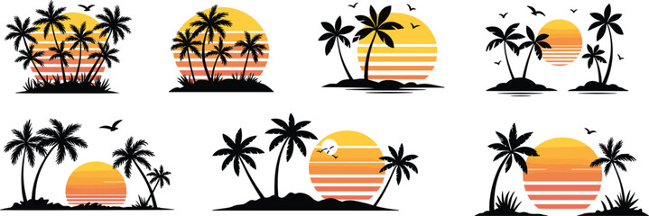 Stylized Tropical Sunset Silhouettes with Palm Trees, Birds, and Gradient Stripe Suns in Minimalist Island Landscape Illustration Set