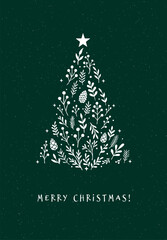 Minimalist Christmas Tree Greeting Card on Dark Green Background. Elegant Holiday Illustration, Winter Festive Design for Prints, Invitations, Posters and Seasonal Decorations
