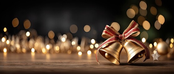 Decorative golden bells with red ribbon sit on a wooden surface with shimmering holiday lights in the background creating a festive atmosphere