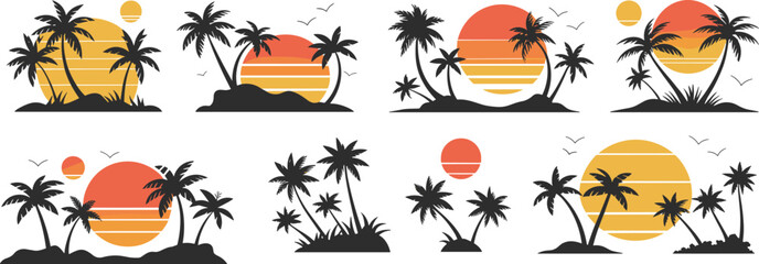 Tropical Sunset Silhouette Set Featuring Palm Trees, Birds, and Vibrant Gradient Suns in Minimalist Decorative Island Scene Style
