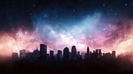 A silhouette of a city skyline is set against a vibrant night sky filled with stars and colorful clouds.