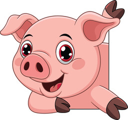 Adorable cartoon pig leaning over blank space, cheerful farm animal character illustration perfect for children’s books, educational designs, and playful artwork