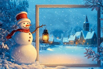 Cheerful snowman stands in snowy village during winter night with glowing lanterns illuminating the scene