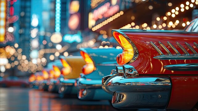 Fototapeta A row of classic cars with illuminated tail lights parked in a city at night, with neon signs in the background.
