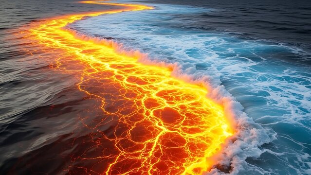 Aerial view of lava flow meeting ocean water volcanic activity and landscape