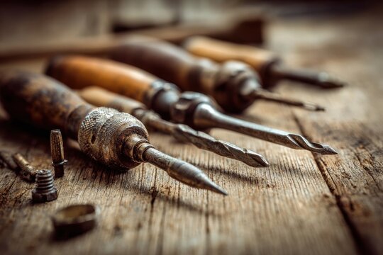 Vintage Woodworking Tools Arrange on Rustic Surface in Workshop