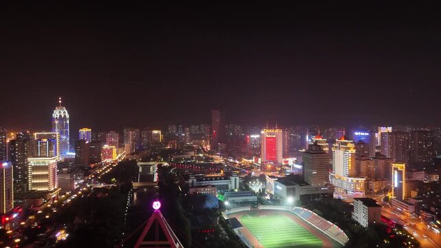 Xining City Night Aerial Skyline With Illuminated Buildings and Lights