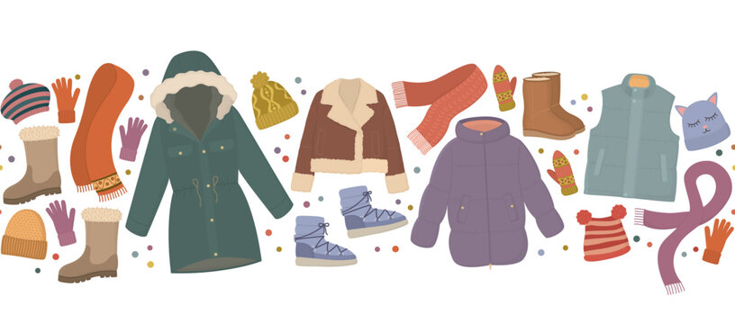 Seamless border with winter clothing elements. Horizontal pattern with warm jackets, boots, knitted mittens, gloves, hats and scarves