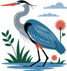 Obraz premium Colorful Stylized Heron Bird Wading in Marsh Clipart