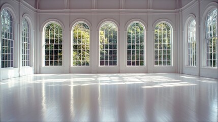 An empty room with large arched windows, letting in sunlight and views of trees, creating a bright and airy interior space.