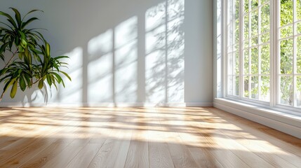 An empty room with wooden flooring, a large window, and a houseplant, bathed in sunlight. The image evokes a sense of peace and tranquility.