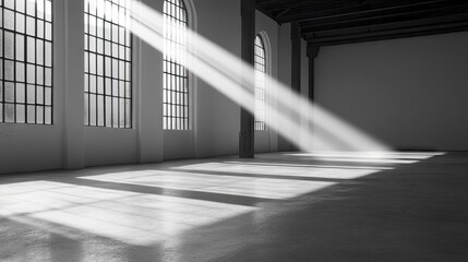 An empty, minimalist room with large windows, illuminated by a beam of sunlight, creating dramatic shadows and a sense of space.