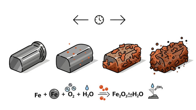 Illustration of iron rusting over time with chemical equation