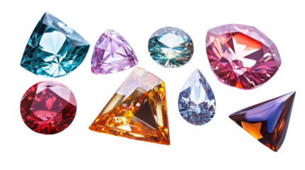 Collection of colorful faceted gemstones isolated on transparent background