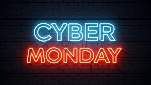 Cyber Monday neon sign glowing on a dark brick wall background for online shopping sales and promotions