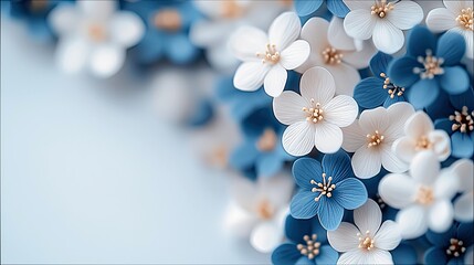 A close-up shot of a floral arrangement featuring blue and white flowers. The flowers are in focus with a soft, blurred background, creating a delicate and sere