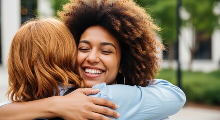 Two happy friends embracing outdoors with joy