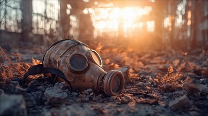 A gas mask lies on the ground in a ruined building, with sunlight streaming through the windows, creating a post-apocalyptic atmosphere.